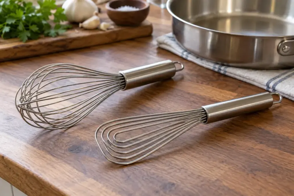 Balloon whisk and flat whisk beside shallow pan.