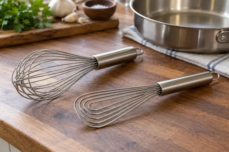 Balloon whisk and flat whisk beside shallow pan.