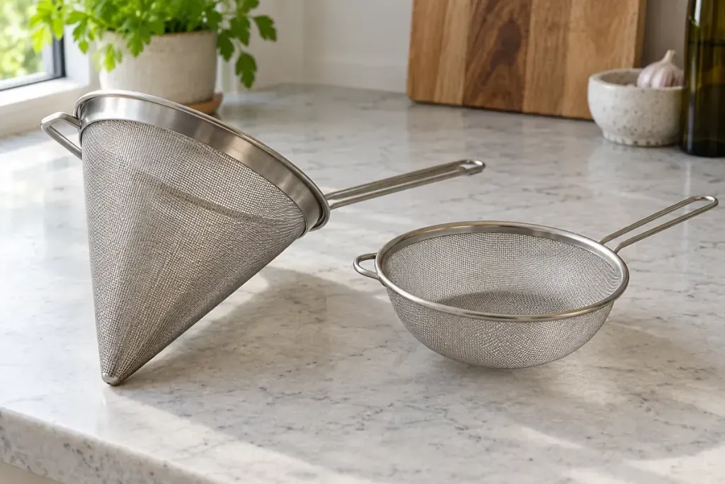 A conical stainless steel chinois beside a round fine mesh kitchen sieve on a clean counter.