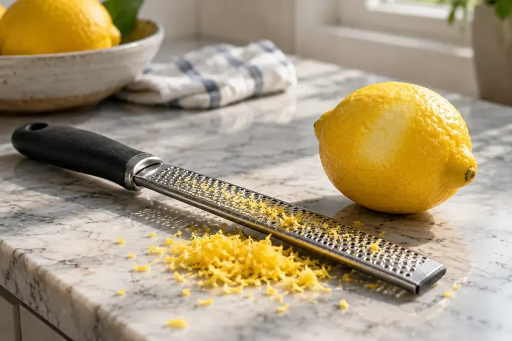 A lemon and finely grated zest beside a handheld zester.