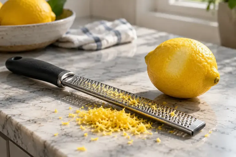 A lemon and finely grated zest beside a handheld zester.