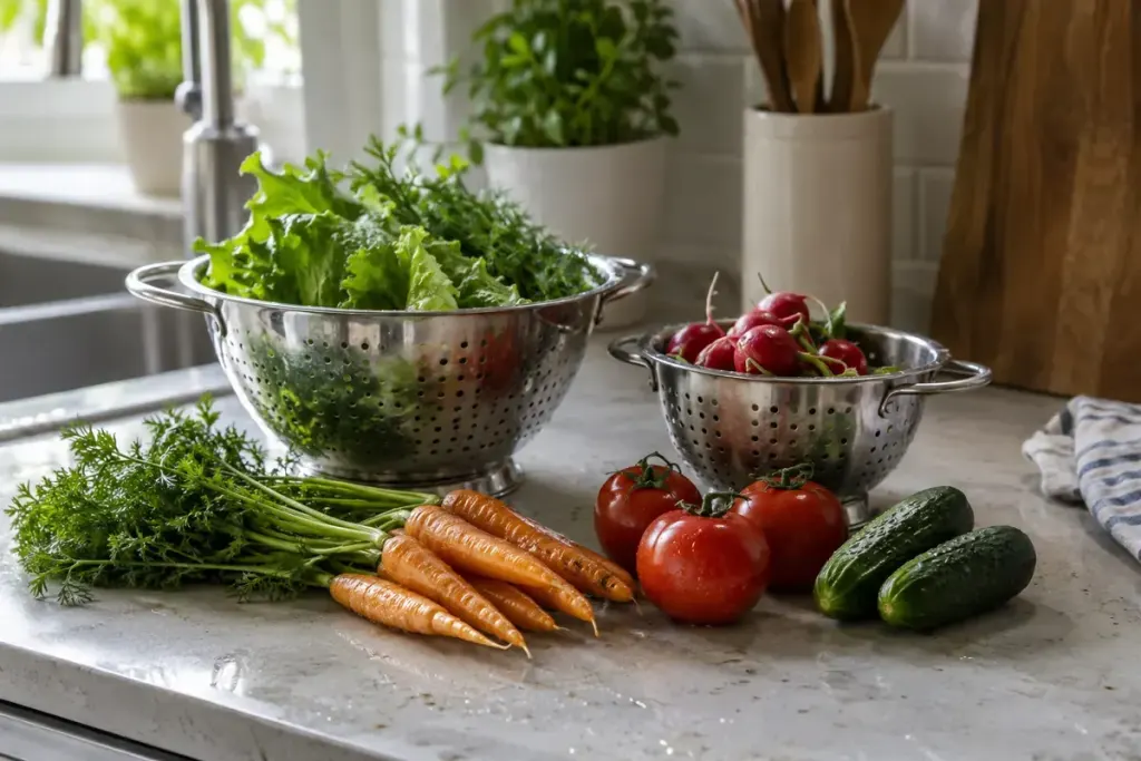 Two different sized colanders beside washed vegetables on a clean kitchen counter.