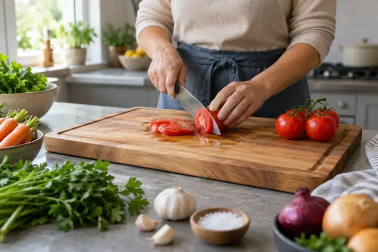 A reversible wooden cutting board with a juice groove beside whole vegetables on a clean kitchen counter.
