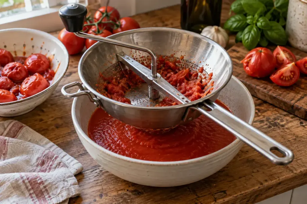 A stainless steel food mill over a bowl of freshly cooked tomato puree on a rustic kitchen counter.
