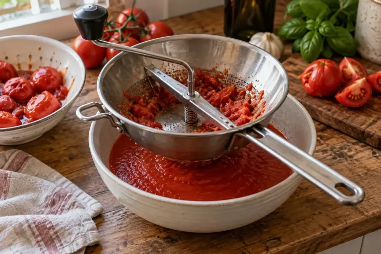 A stainless steel food mill over a bowl of freshly cooked tomato puree on a rustic kitchen counter.