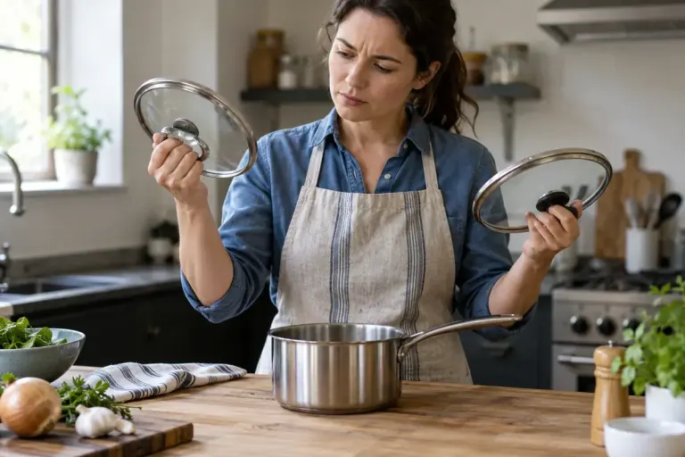 A cook comparing two saucepan lids on a kitchen worktop.