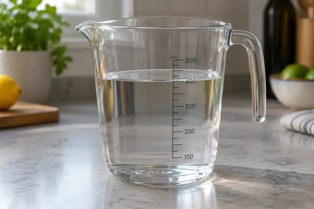 A transparent kitchen measuring jug containing water on a level worktop, viewed at liquid height.