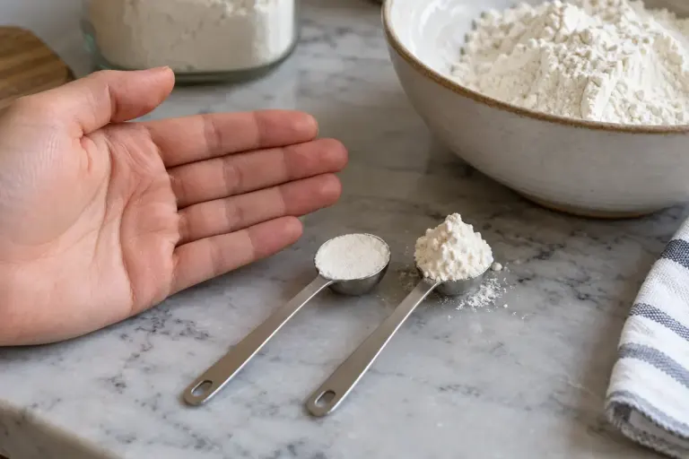 Two small 5 mL measuring teaspoons with long narrow handles, one level with flour and one heaped with flour, beside a human hand for scale on a kitchen counter.