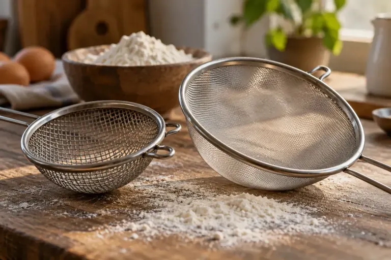 Two kitchen sieves with visibly different mesh sizes beside flour.