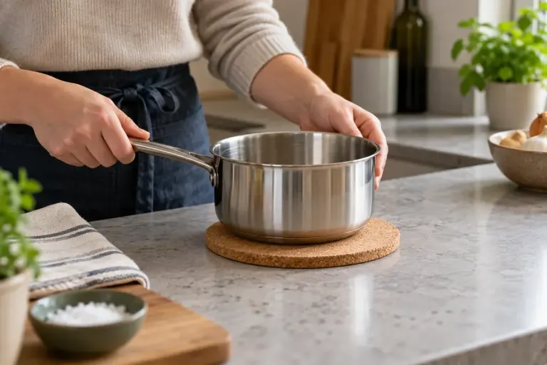 A person placing an empty saucepan on a correctly sized trivet on a kitchen counter.