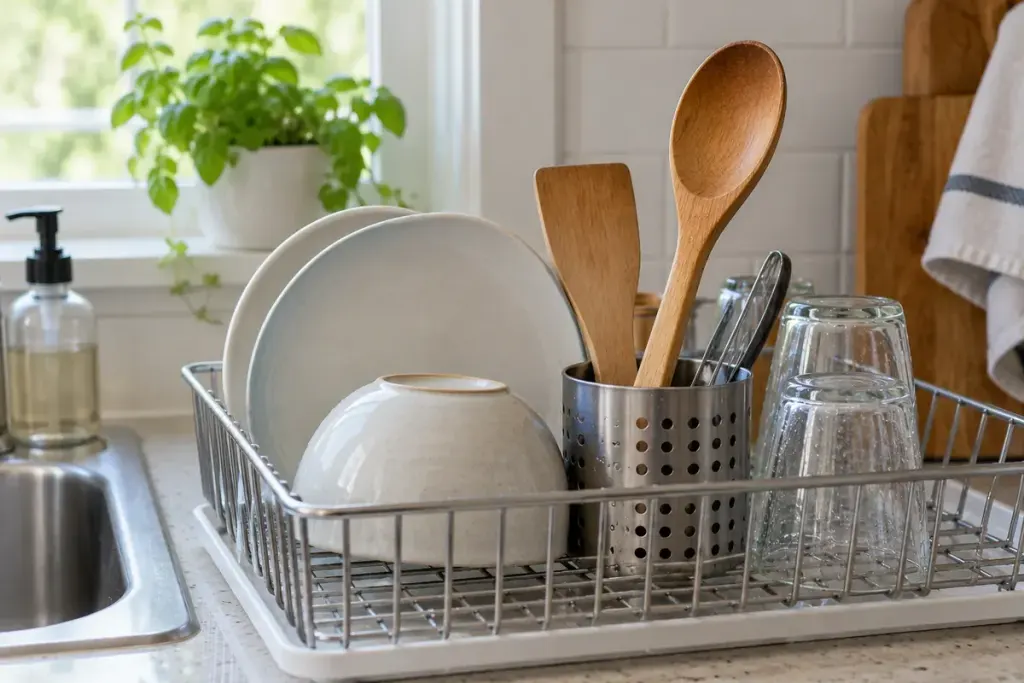 Wooden cooking utensils drying separately on a clean kitchen rack.