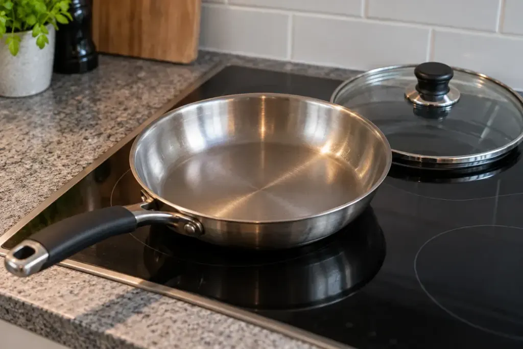 A metal frying pan with contrasting handle and separate glass lid on a cool hob.