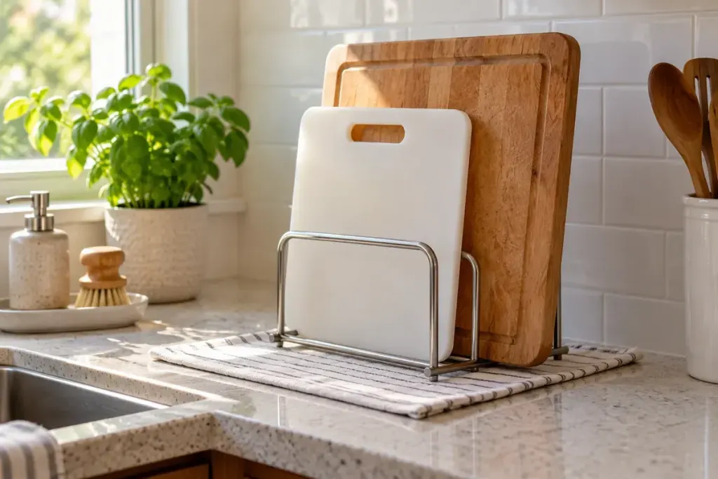 A wooden cutting board and a plastic cutting board drying upright on a kitchen counter, clean realistic scene.