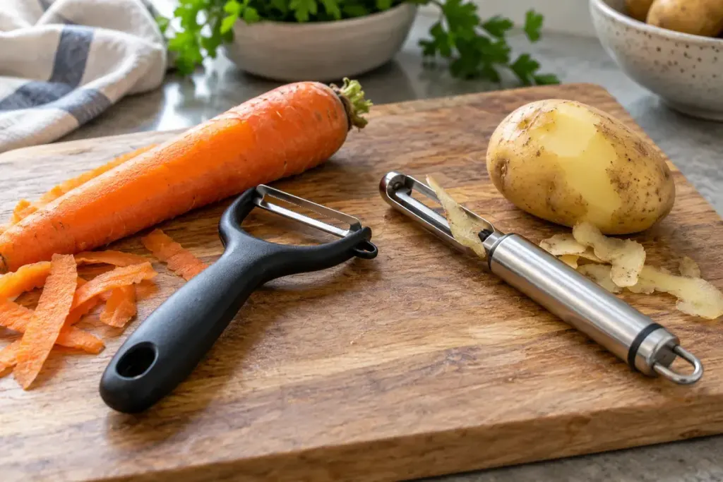 A y-shaped peeler and a straight swivel peeler beside a carrot and potato on a wooden board, clean kitchen close up.