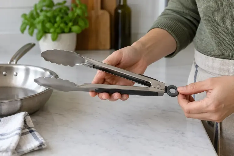Hands checking the hinge and locking ring of kitchen tongs.