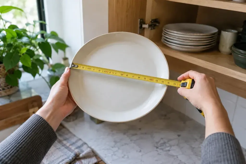 A dinner plate being measured beside a kitchen cupboard.