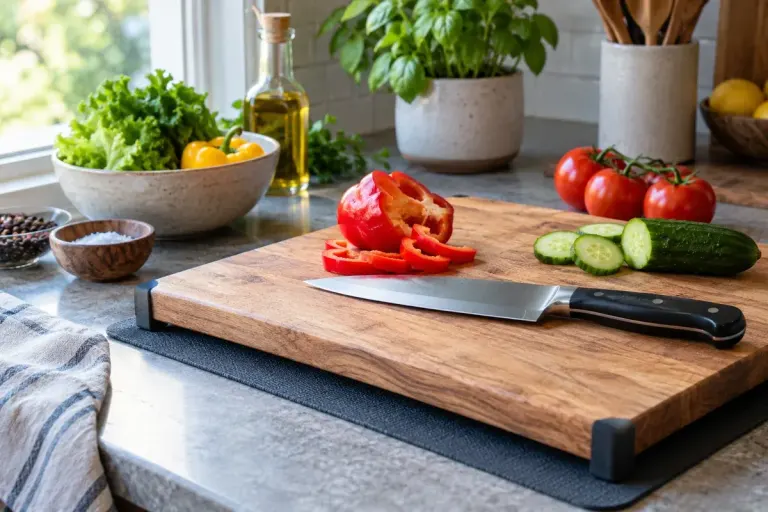 Dry cutting board secured on non-slip mat with chef knife resting safely flat and vegetables nearby, no hands on blade.