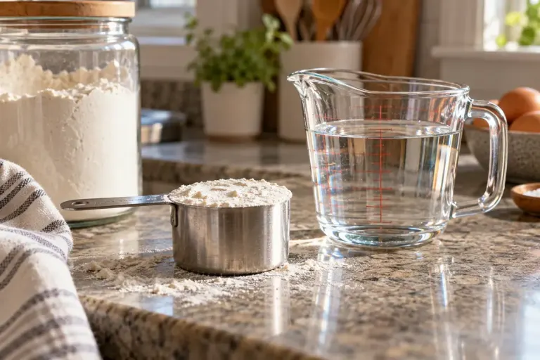 A level dry measuring cup of flour beside a transparent liquid measuring jug on a kitchen counter.