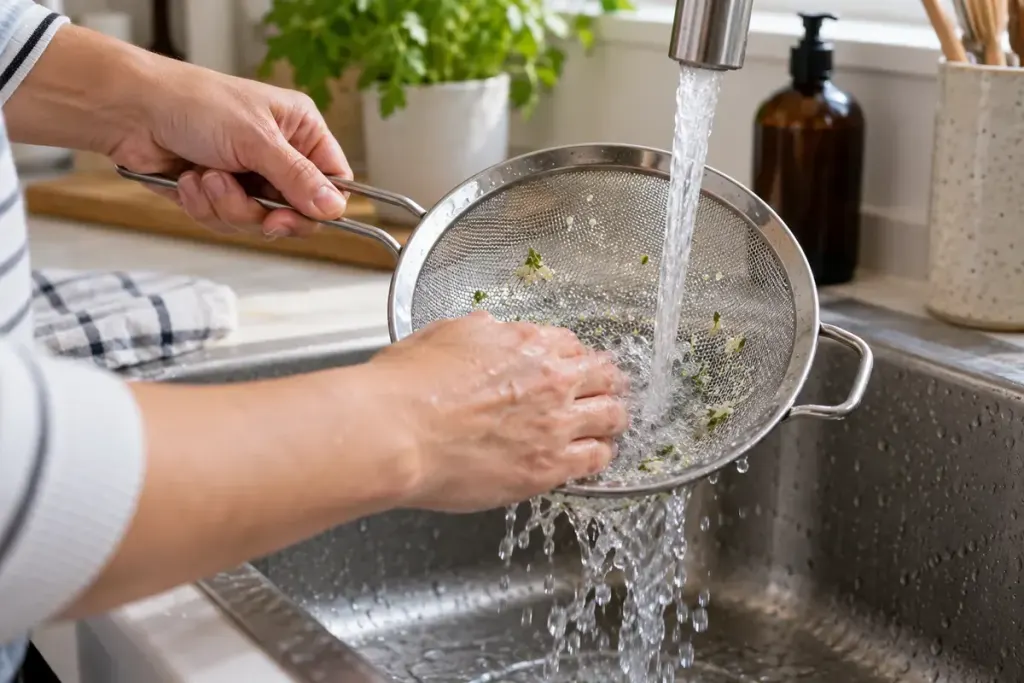 Hands rinsing a stainless steel fine mesh kitchen sieve under running water.