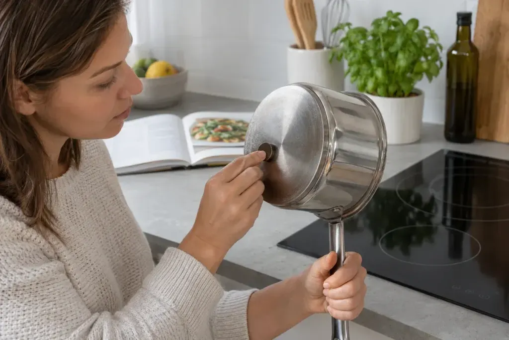 Adult checking a small magnet against the base of an unheated saucepan beside an induction hob, clean kitchen counter.