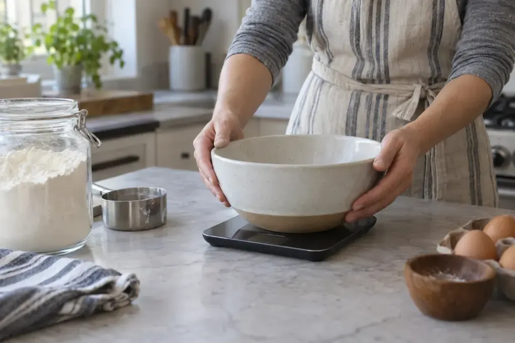 A home cook placing an empty mixing bowl on a digital kitchen scale with flour nearby.