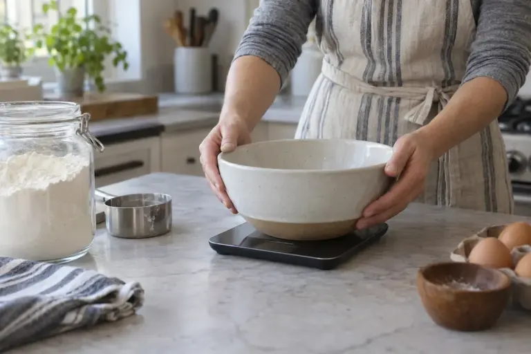 A home cook placing an empty mixing bowl on a digital kitchen scale with flour nearby.