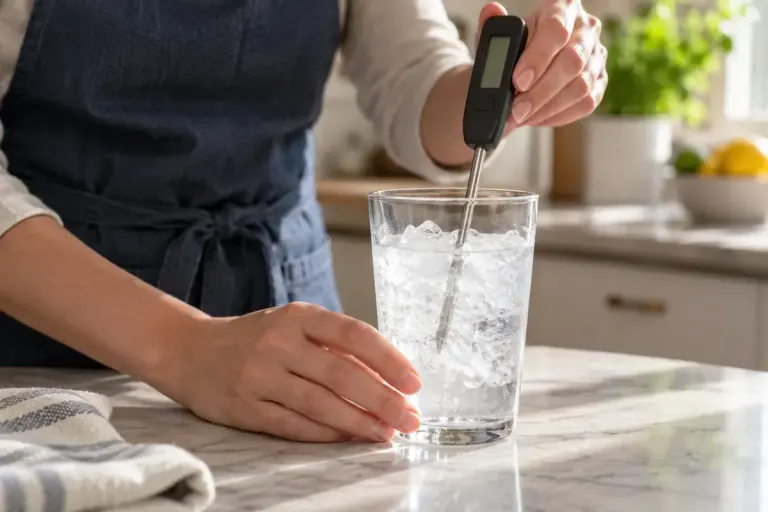 Digital probe thermometer held in a glass of stirred crushed ice and water, probe clear of glass sides.