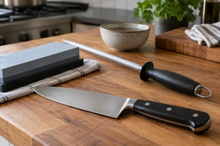A kitchen knife beside a honing rod and sharpening stone on a stable wooden worktop, no hands on blade.