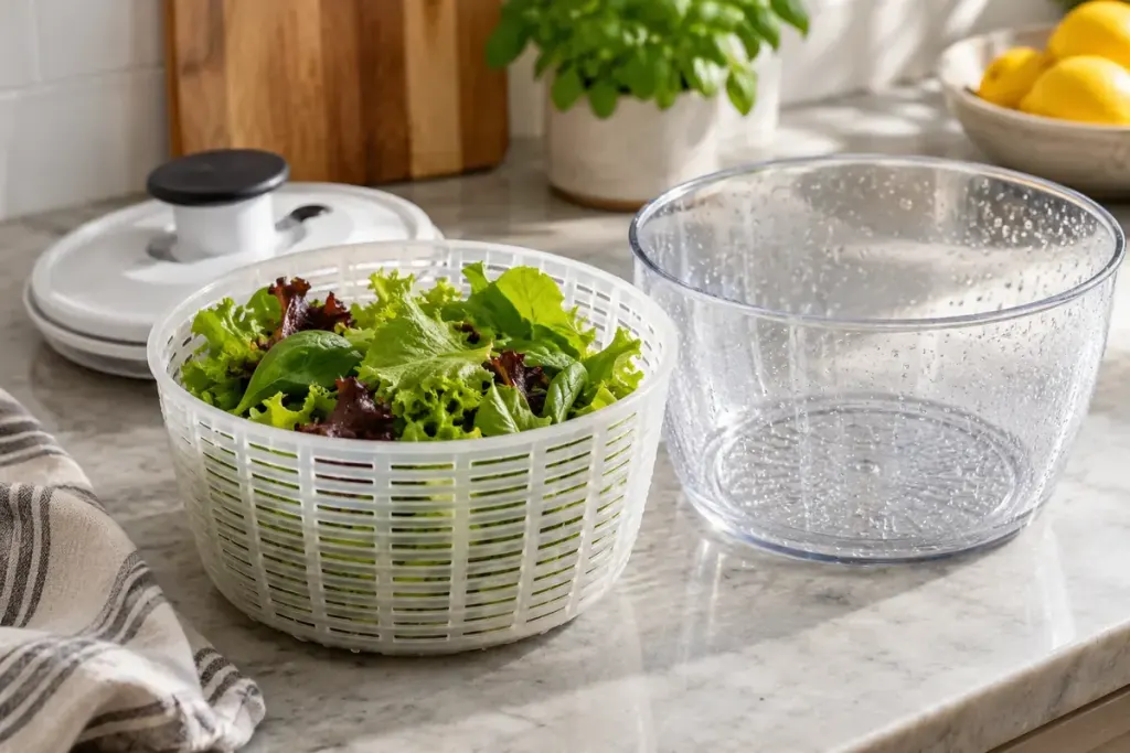 An open salad spinner with a modest amount of washed leafy greens beside the drained outer bowl on a kitchen counter.