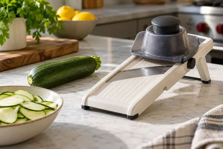 Mandoline slicer with food holder fitted, whole vegetable beside tool and no hands at blade.