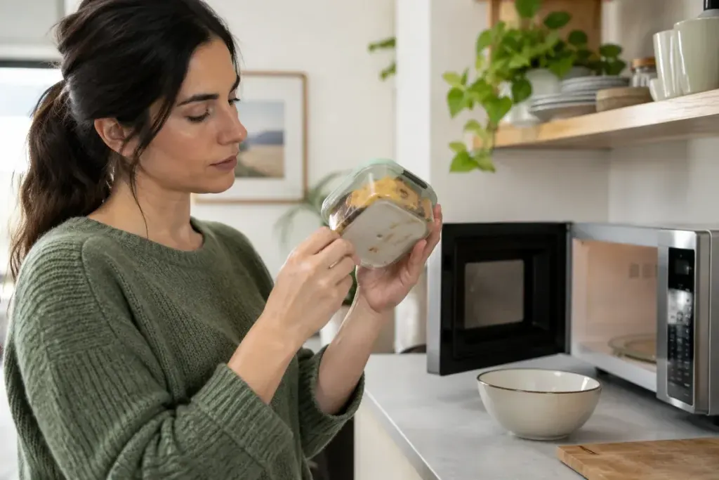 Person checking the underside of a food container beside a microwave and ceramic bowl in a clean kitchen.