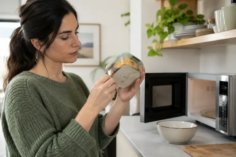 Person checking the underside of a food container beside a microwave and ceramic bowl in a clean kitchen.