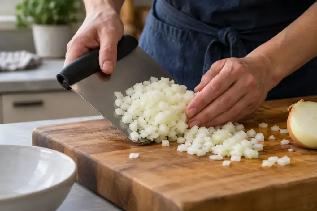 A cook using a broad bench scraper to lift chopped onions from a wooden board.