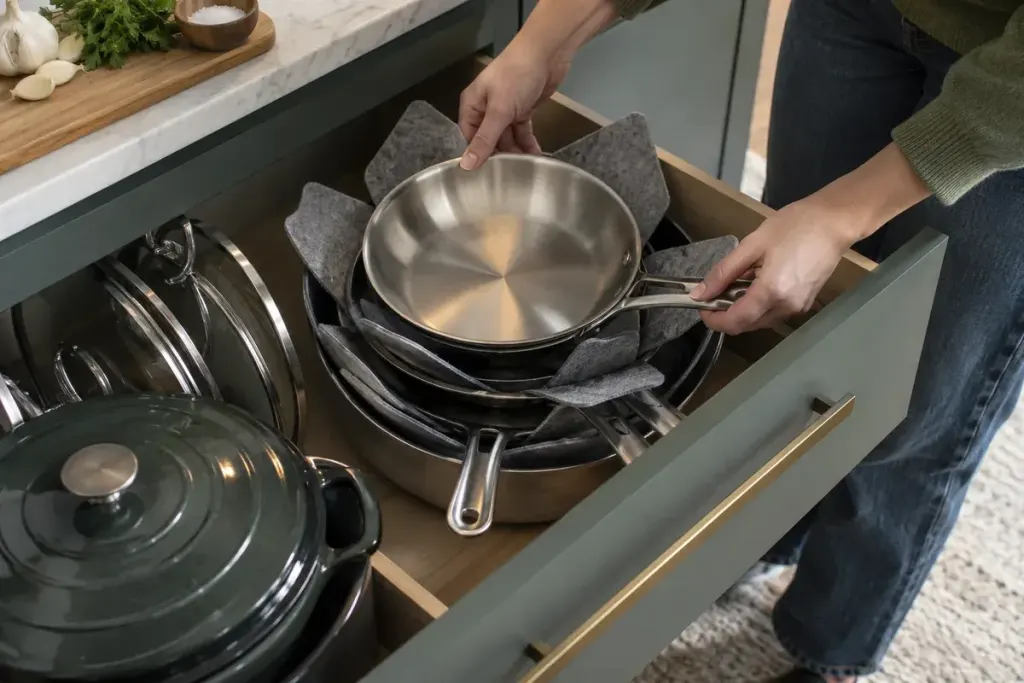 A kitchen drawer with nested pans separated by soft felt protectors.