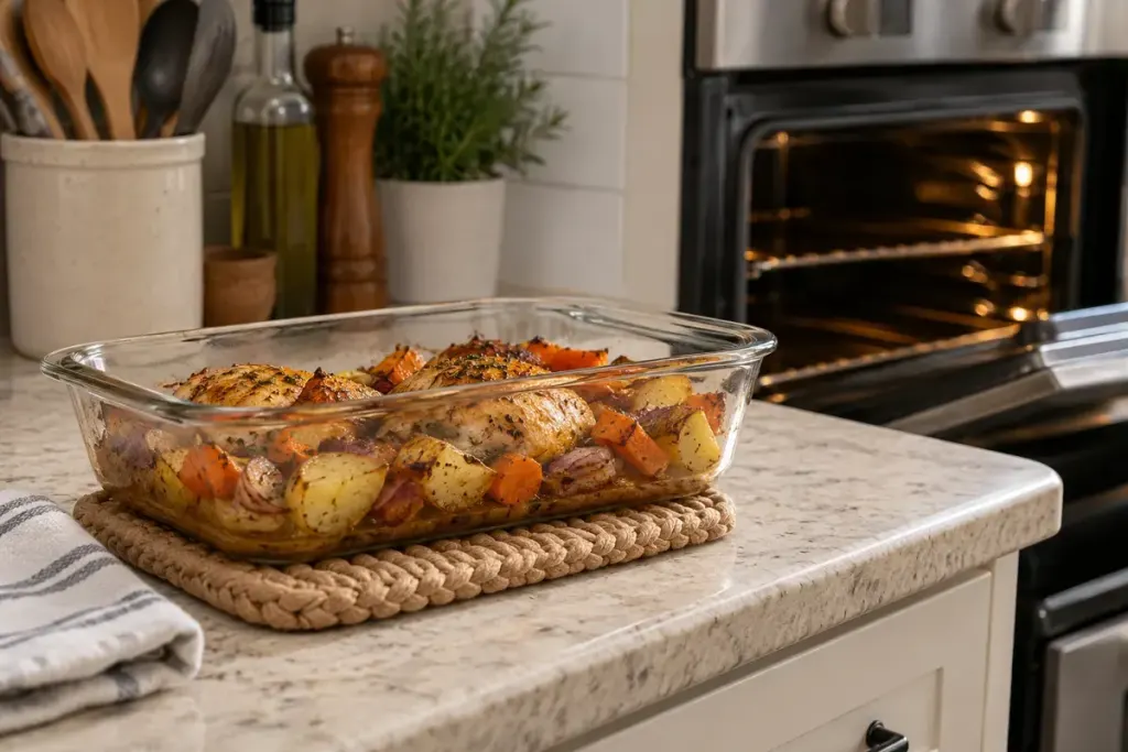 A glass baking dish resting on a dry thick trivet beside an oven in a kitchen.