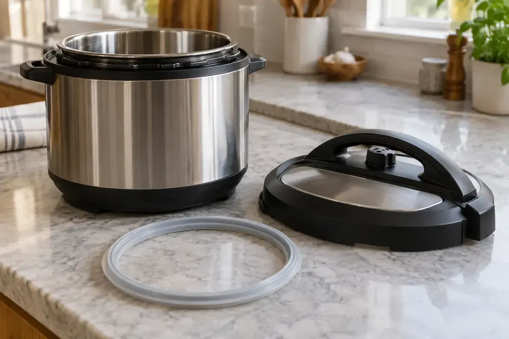 An unplugged electric pressure cooker with lid and matching sealing ring on a counter.