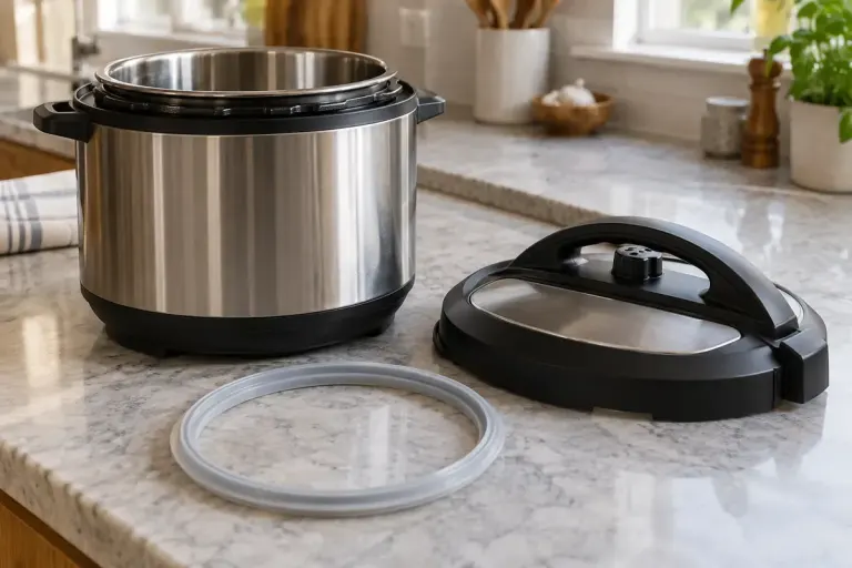 An unplugged electric pressure cooker with lid and matching sealing ring on a counter.