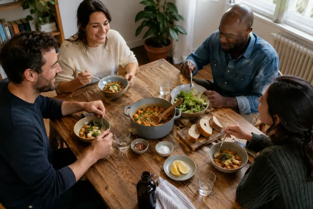 Friends sharing a meal around a compact dining table.