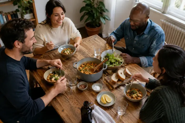 Friends sharing a meal around a compact dining table.
