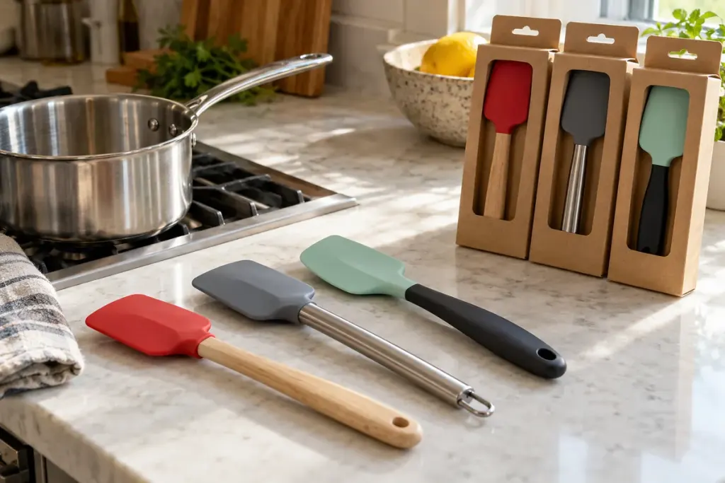 Silicone spatulas with different handle constructions beside a saucepan and their packaging.