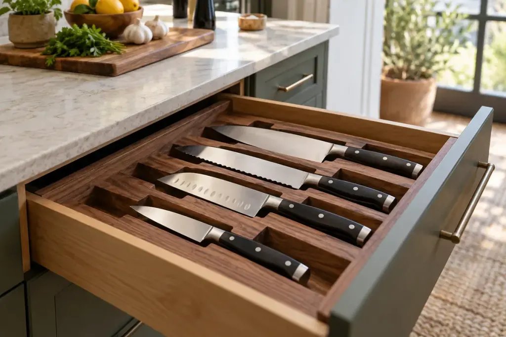 A kitchen drawer with knives secured in fitted protective slots and handles clearly accessible.